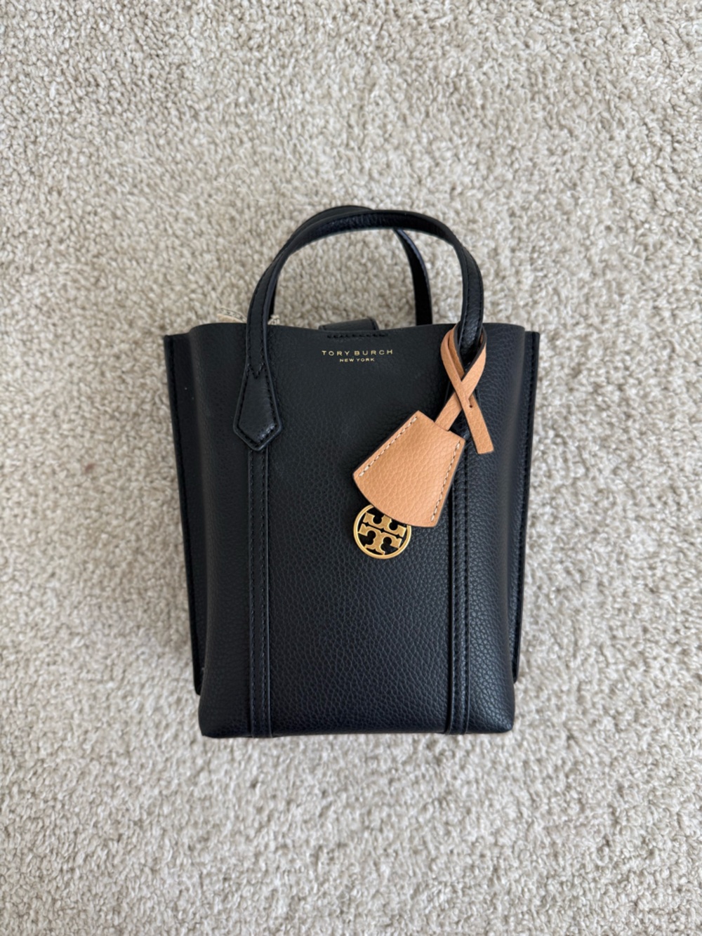 Tory Burch Perry Black Pebbled Leather Mini Crossbody with Tan Charm